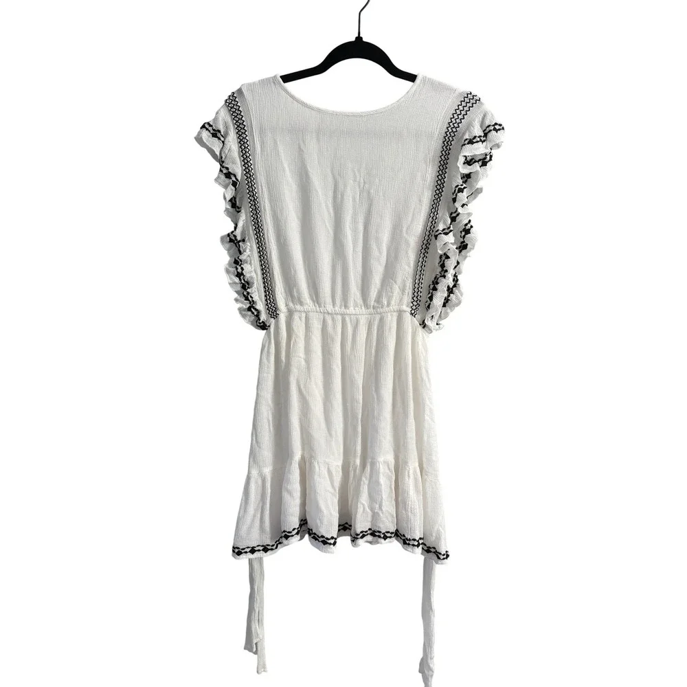 Free People White Mini Dress Embroidered Ruffle Sleeve Boho Gauze Small‎